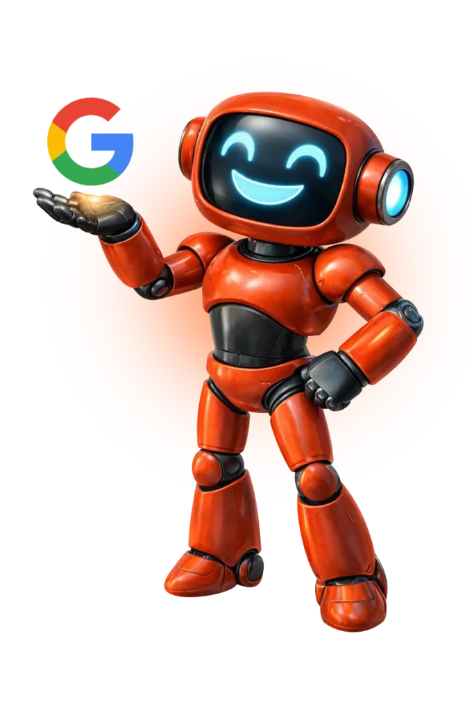 Site OnePage 3 Mascote da agencia lumen websites segurando o logo do google